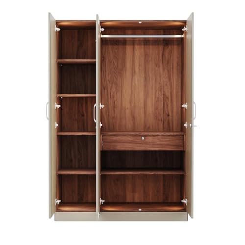 Image of Wakefit Wardrobe for Bedroom | 3 Yr Warranty | Cupboard for Bedroom, Almirah, Wooden Wardrobe, Comes with LED light, Storage Drawer, Mirror & Hanger, Density:680-750kg /m, Free Installation(Tyrian-CB)