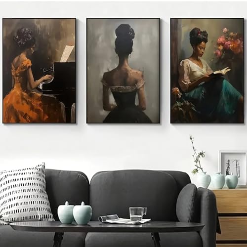 Rumlly Póster vintage y elegante para dormitorio, lienzo, arte de pared, moderno piano femenino negro y retrato de libro (60 x 80 x 3 cm, marco interior)