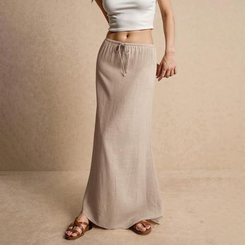 YEMOCILE Womens Linen Maxi Skirt Summer Casual Comfy Skirt Drawstring Waist A Line Boho Long Flowy Skirts4
