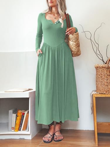 Image of Mieazom Long Sleeves Maxi Dress for Women A Line 2025 V Neck Casual Button Boho Tshirt Long Dress with Pockets