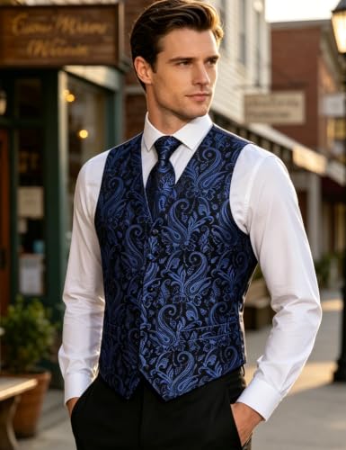 Image of DiBanGu Mens Vest and Tie Set Formal Paisley Waistcoat and Necktie Pocket Square Cufflinks Silk Suit Vest for Tuxedo Wedding
