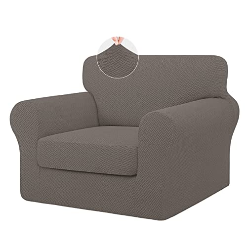 ISSUNTEX 2 Pieces High Stretch Thicken Chair Couch Covers, Soft Sofa Slipcover for 1 Separate Cushion Couch, Jacquard Fabric Elastic Sofa Cover Furniture Protector for Dogs (Chair, Taupe)