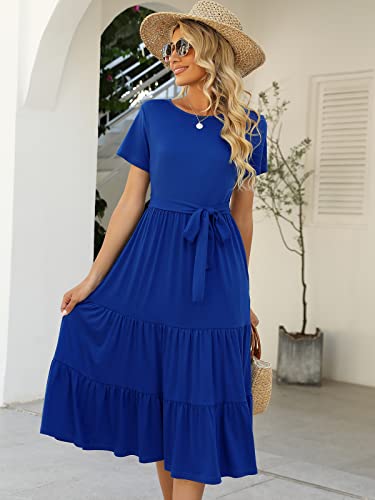 Image of Lyrur Women's Dresses Casual Summer Tiered Midi Dress Short Sleeve Belted Ruffle Babydoll Boho Sundress with Pockets
