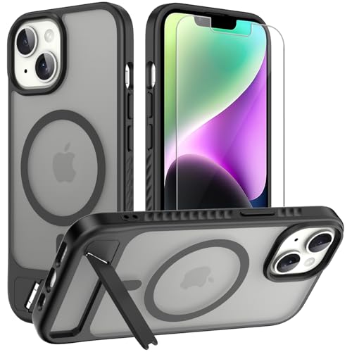 for iPhone 14/13 case: [fit for Magsafe] Strong Magnetic & Invisible Stand Military-Grade Drop Protection with Screen Protector Adjustable Kickstand Frosted Translucent Matte Phone Case Black