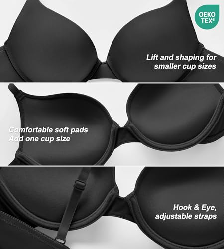 SHARICCA Underwire Bras for Women Padded Push Up Plunge Demi Bra Seamless Spaghetti Strap Tshirt Bras,36C,Black