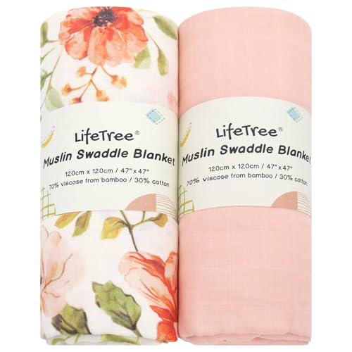 Image of LifeTree Baby Swaddle Blankets, Boys Girls Muslin Swaddling Wrap Receiving Blanket for Newborn, 70% Viscose from Bamboo and 30% Cotton, Large 47 inch x 47 inch, Butterfly Floral and Pink