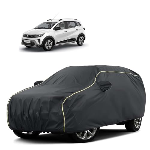 Image of Sulfar 100% Water Resistant Car Body Cover Compatible with Mirror for Renault Triber (Triple Stitched, Full Bottom Elastic, Dark Grey Tafetta with Yellow Piping)