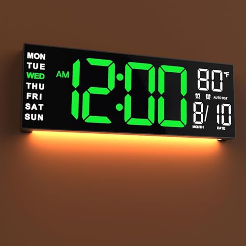 JALL 16" Large Digital Wall Mount Clock, Count Down Timer, Alarm, Big LED, RGB Color, DST, Temperature for Living Room Classroom Desk, Xmas, Birthday Gift, for Senior Mom Dad (Green White, 16 inches)