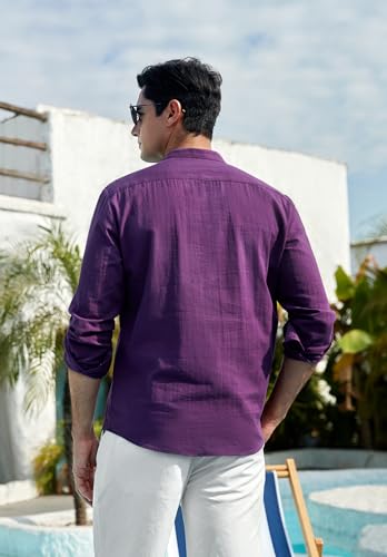 Enlision Mens Cotton Linen Henley Shirts Long Sleeve Casual Shirt Summer Beach Hippie T-Shirt Band Collar Shirt & Pocket4