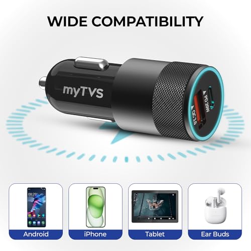 Image of myTVS 38W Fast Car Charger with Dual Output (Type C PD 20W & USB Qualcomm 3.0) with 3-in-1 Charging Cable, Quick Charge, Short-Circuit Protection, LED, Compatible with iPhone, Android, Tablet