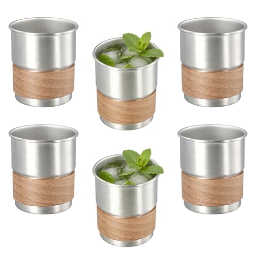 6 vasos de acero inoxidable, 300 ml, vasos de viaje 304 de doble pared, vasos de metal con manguito de madera, vasos de metal apilables irrompibles sin asa para leche, café, vino, cerveza, cócteles