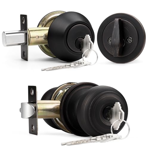 Probrico Keyed Alike Round Ball Entry Door Knob and Single Cylinder Deadbolt Set, Oil-Rubbed Bronze, 1Pack