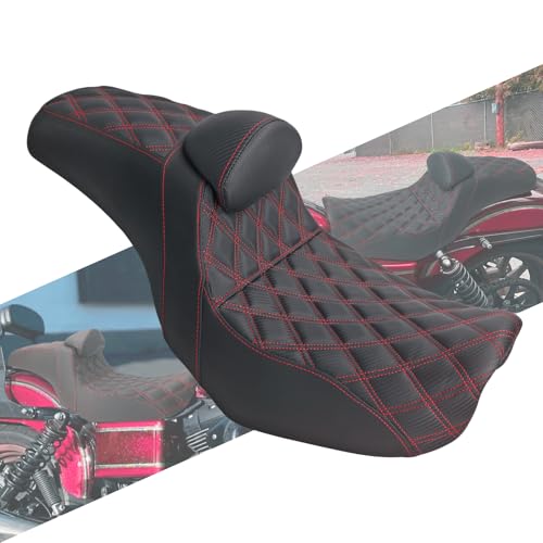 HCmotorku Driver Passenger Seat One-Piece Seat Cushion With Backrest Fit For Harley Dyna Fat Bob FXDF Low Rider FXDL Street Bob FXDB Switchback FLD Wide Glide FXDWG 2006–2017 (Red Stitching)
