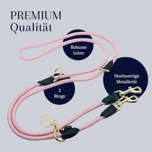 Hundeleine 2m VELVETIER® verstellbar für große, kleine & mittelgroße Hunde | Paracord Führleine | Leicht, elegant und robust mit 2 Karabiner (Rose (Rosa), 2.2 m x 1.1 cm)
