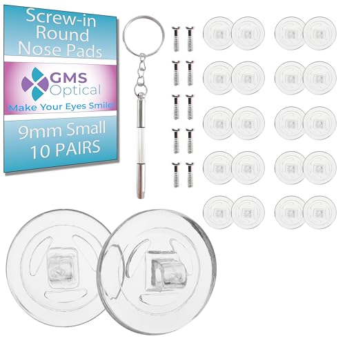 GMS Optical 9mm Small Round Screw in Eyeglass Repair Kit with Screws and Driver, Hard Silicone Nose Pads, Complete Glasses Repair Kit, Factory Replacement Round Non Slip Eyeglass Pads - 10 Pair