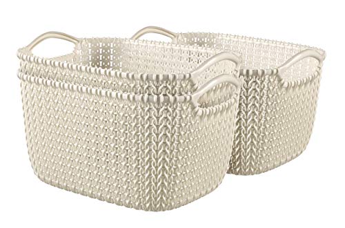 CURVER Knit Effect Kitchen, Living room, Bathroom, Bedroom, Utility Large Rectangular Storage Baskets 19 Litres - White