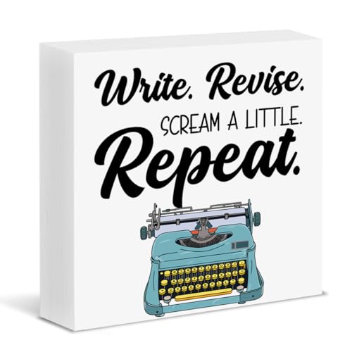 Image of Writer Gifts for Women Men, Gifts for Author Novelist Journalist Writer, Typewriter Write Revise Scream a Little Repeat Wood Block Sign Home Office Desk Shelf Decor