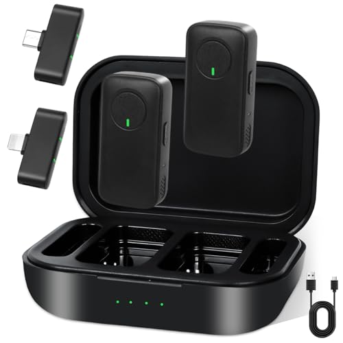 Vinato Microfono Lavalier Wireless (2 Tx + 2 Rx + Custodia Di Ricarica) Mini Microfono Lavalier Compatibile Con Iphone/Android/Ipad Microfoni Wireless