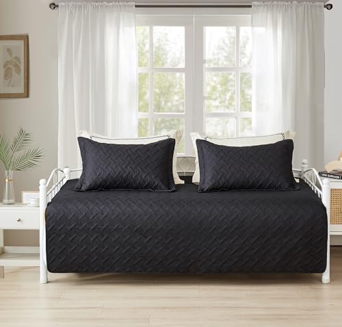 Image of Hailea 3 Piece Black Daybed Cover Twin Size Cozy Daybed Sets Bedding Double Sided Quilting Cover Set Geometric Print Bedspread Coverlet All Season for Twin Bed with 2 Standard Shams,39 inchx75 inch