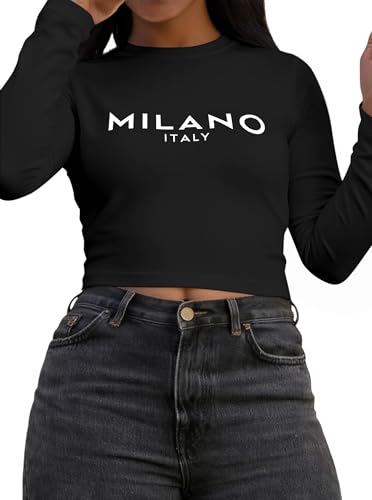 LovelyWholesale Long Sleeve Crop Tops for Women Graphic Fitted Top Crew Neck Shirts4