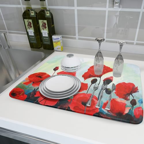 Image of Red Watercolor Flower Dish Drying Mat for Kitchen Counter 18 x 24 Inch - Poppy Absorbent Reversible Microfiber Dish Mat, Heat Resistant Drying Pad Dish Drainer Mats for Countertop