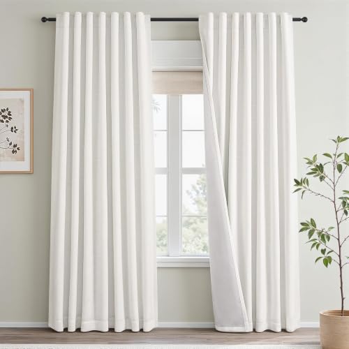 Topfinel 84 Inch Natural Blackout Curtains Dual Layer White Linen Panels Farmhouse Back Tab Pinch Pleated Drapes for Track System Neutral Linen Ambiance & Privacy Drapes Natural 52 W*84 L