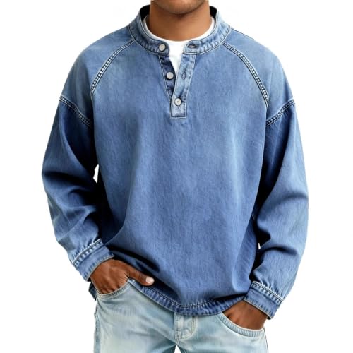 Men's Denim Shirt Washed Vintage Pullover Henley Shirt Denim Blouse - image 1