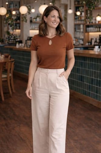 Image of Women's Stylish Ribbed Knit Short Sleeve V-Neck Keyhole Top(1827)