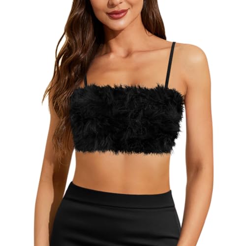 Vimoisa Women Faux Fur Tank Top Spaghetti Strap Crop Cami Top