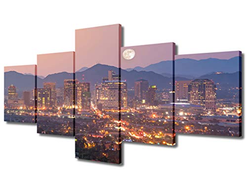 Native American Pictures Cityscape Artwork for Walls Downtown Phoenix Arizona Panoramic Pictures Painting 5 Panel Canvas Home Decor for Living Room Giclee Wooden Framed Gallery-Wrapped(50" Wx24 H)