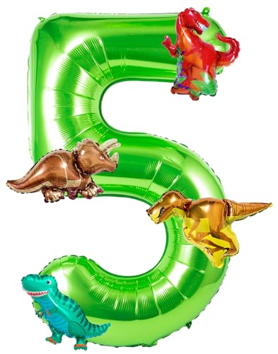 Large Dinosaur Balloon Number 5, 40 Inch Green Foil Mylar Balloon with 4 Mini Dinosaur Balloons, 5th Birthday Dino Party Decorations Supplies for Boys and Girls