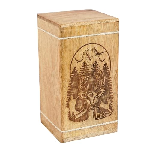 Image of Handcrafted Floral Engraved Wooden Urns for Human Ashes Adult Large - Cremation Urn for Ashes - Burial Urn for Columbarium - Funeral Urn Box (Buck Deer Hunting, 250 LB - Hardwood)
