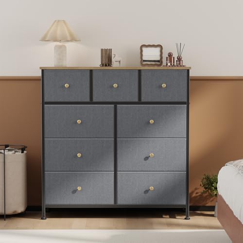 Image of OLIXIS 9 Drawer Tall Dresser for Bedroom, Closet Organizers and Storage | Fabric Dresser with Wooden Top, Chest of Drawers for Clothes Storage, Tower Cabinet, Furniture, TV Stand, Gray Blue