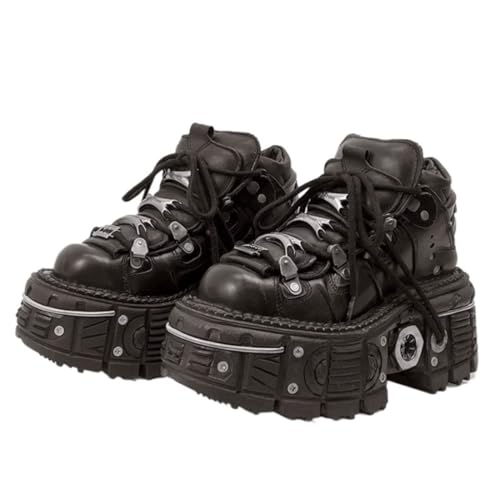 PU Leather Y2K Grunge Punk Platform Height Increase Derby Shoes for Men Casual Streetwear Mixed Color Thick Sole Sneakers with Skull Metal Accent Design