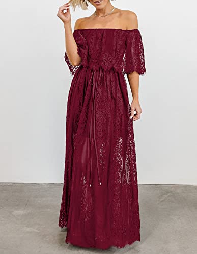 Image of HOYISHION Women's Off The Shoulder Floral Lace Maxi Dress White Bridesmaid Wedding Party Maternity Photoshoot Long Dresses