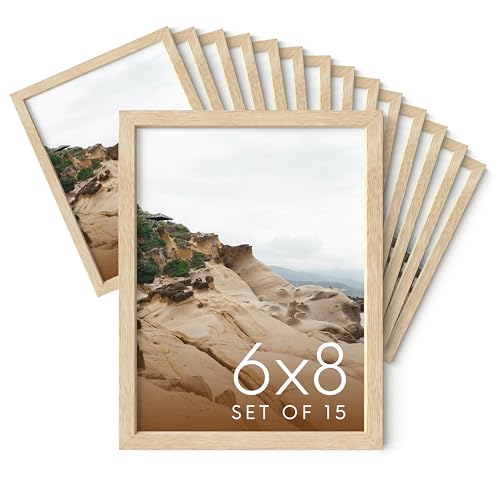 HAUS AND HUES 6x8 Natural Oak Wooden Picture Frame - Set of 15 6x8 Poster Frame - Premium Oak, Vertical Hang, Shatterproof Plexiglass - Ideal for Home, Room, Office (6x8-inch, Natural, Set of 15)