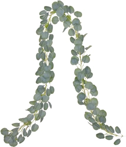 Image of Artificial Eucalyptus Garland, Green Leaves White Flowers Garland Artificial Plant Hanging Plant for Background Wedding Decoration Table Runner Centrepiece 6m