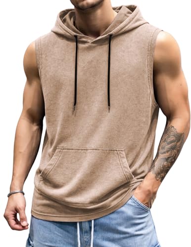 JMIERR Mens 2026 Vintage Washed Sleeveless Hoodie Tank Top Cotton Muscle Workout Gym Streetwear Shirt Khaki
