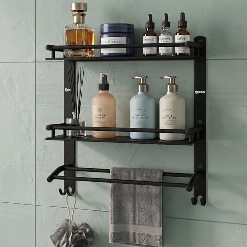 Image of GRIVAN Stainless Steel 3-Tier Bathroom Shelf Rack Stand with Dual Towel Rod | Multipurpose Bathroom Accessories Set (Black Matte)