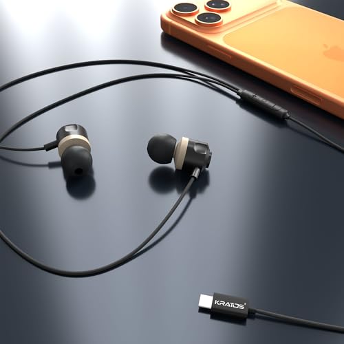 Image of Kratos Tune V7 C Type Earphones Wired, Deep Bass Drivers Earphone, Inline Control Type c Headphones with Mic, Comfort Fit Type c Earphone with Volume Control,Metallic C pin Earphones (Black)