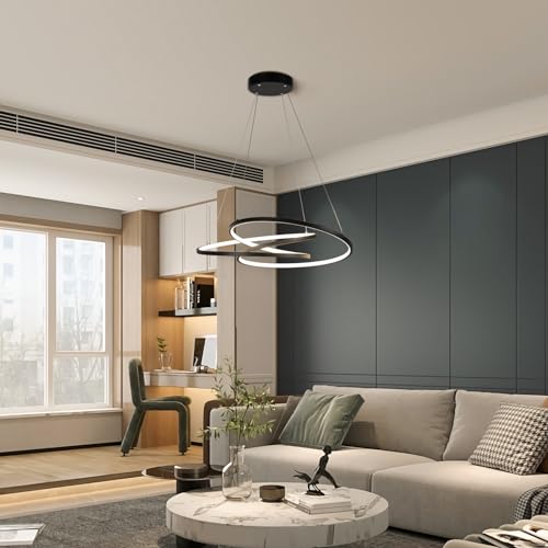 Garwarm Modern LED Pendant Light Dining Table Hanging Lamp Dimmable Chandelier with Remote Control,40w Black Hanging Lighting Fixture for Kitchen Dining Room Living Room Entryway Foyer Staircase
