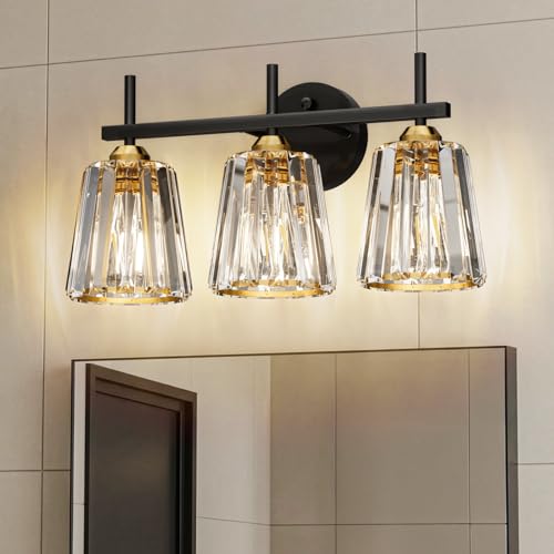Image of Crystal Bathroom Light Fixtures Over Mirror, Black Gold 3-Light Bathroom Vanity Lights Over Mirror Modern Wall Lighting Sconces with Ceramic E26 Base (Bulbs Not Include)