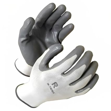 RK TRENDS Ripstop Work Gloves with Reinforced Fingertips, Heavy Duty (Pack of 5 Pairs, Grey (Nitrile Coated))