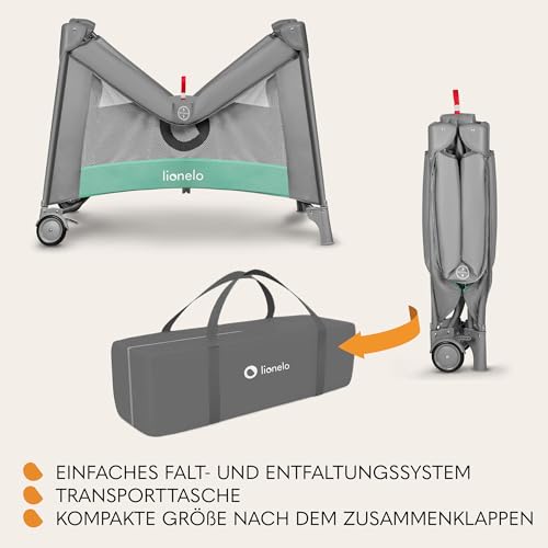 LIONELO MILLE 2-in-1 Baby-Reisebett und Laufstall 100x100 cm bis 15 kg 0-36 Monate Seitlicher Eingang mit Reißverschluss Kinderreisebett mit Matratze Räder mit Bremse einfaches Zusammenklappen