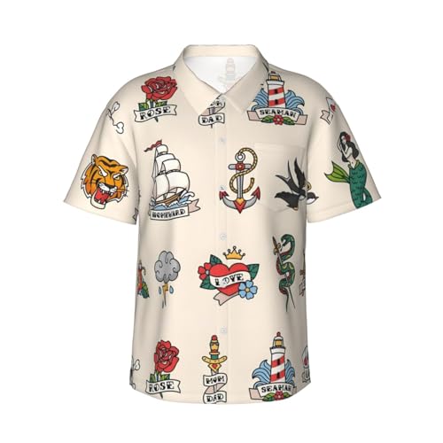 Mens Casual Short Sleeve Button-Down Hawaiian Shirts,Old School Sailor Tattoo Mermaid Rose Shirts Classic Fit Beach Bowling Shirts with Front Pocket,L