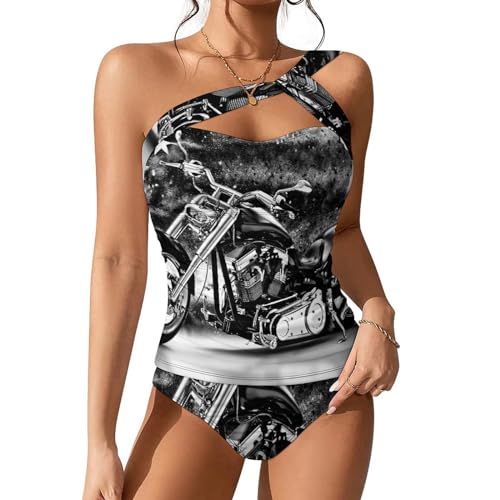 Vintage Retro Black Motorcycle with Vintage Old American Flag Women 2 Piece Set, One Shoulder Bikini with Removable Padded Swimsuit Bathing Suit Tummy Control Top with Bottom Swimwear (Large)