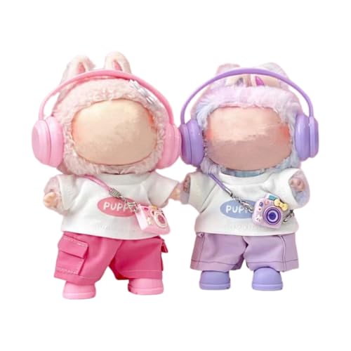For Labubu Mokoko 服 5点セット ぬいぐるみ用 ラブブ1代目 2代目 3代目対応 17cm人形の服 ヘッドフォン Tシャツ パンツ 靴 装飾用カメラ かわいい コスチューム 着せ替え 人形ベビー服 綿人形の服 DIY アクセサリー 衣装のみ (パープル)のサムネイル
