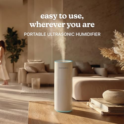 Image of Homedics Portable Humidifier - Small Ultrasonic Cool Mist Humidifier for Bedroom, Desk & Travel, Mini Personal Humidifier, 7.7 oz Tank, Auto Shutoff, Night Light, Rechargeable (Gloss White)