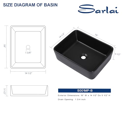 Sarlai Bathroom Vessel Sink - 19\"x15\" Modern Bathroom Sink Rectangular Above Counter Black Porcelain Ceramic Bathroom Vessel Vanity Sink Art Basin