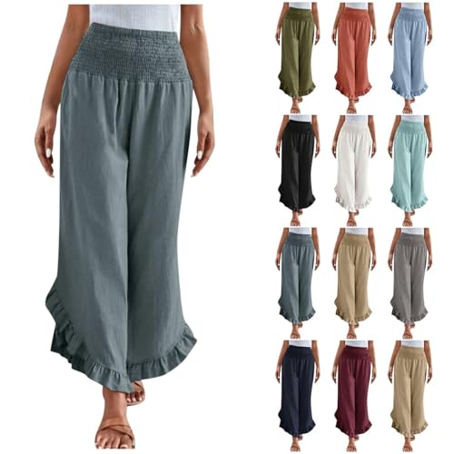 Flowy Pants for Women Wide Leg Pants Woman Casual Smocked High Waist Flowy Ruffle Hem Capris Beach Vacation Boho Trousers Gray